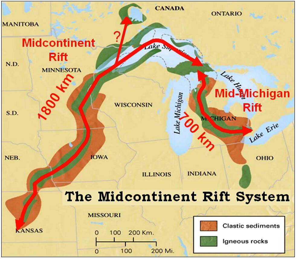 Map showing the location of the midcontinent rift and the mid-michigan rift.