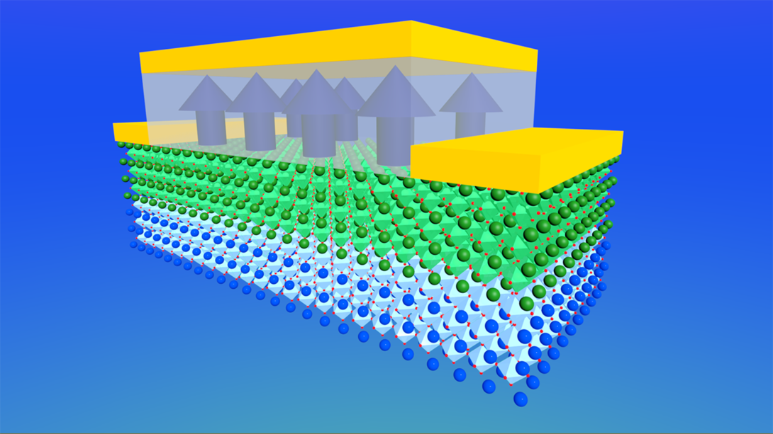 An atomic-scale rendering of the Mott insulator (green) and underlying material (blue) that proved key to refining and stabilizing the performance of a potentially smaller transistor.